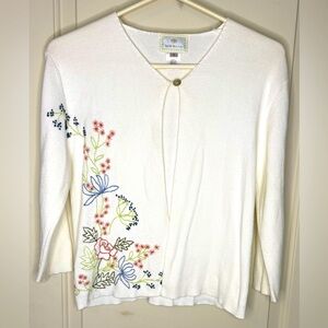 Susan Bristol White Floral Hand Embroidered Cardigan Size Small